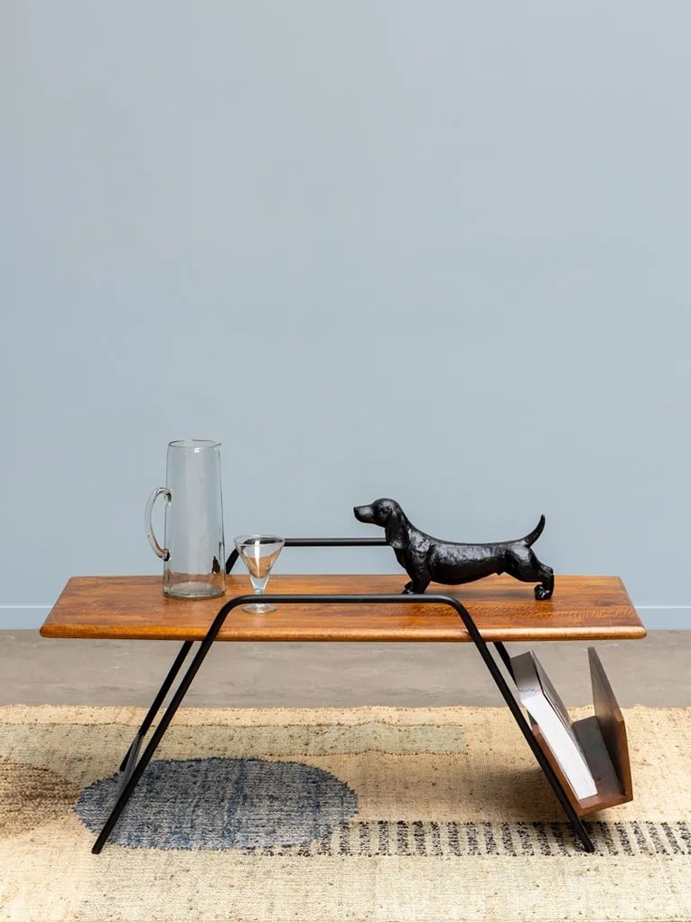 Măsuță de cafea dreptunghiulară din lemn de mango și metal, maro și negru, cu suport pentru reviste, finisaj satinat, 40 x 107 x 50 cm, „Easypeasy”
