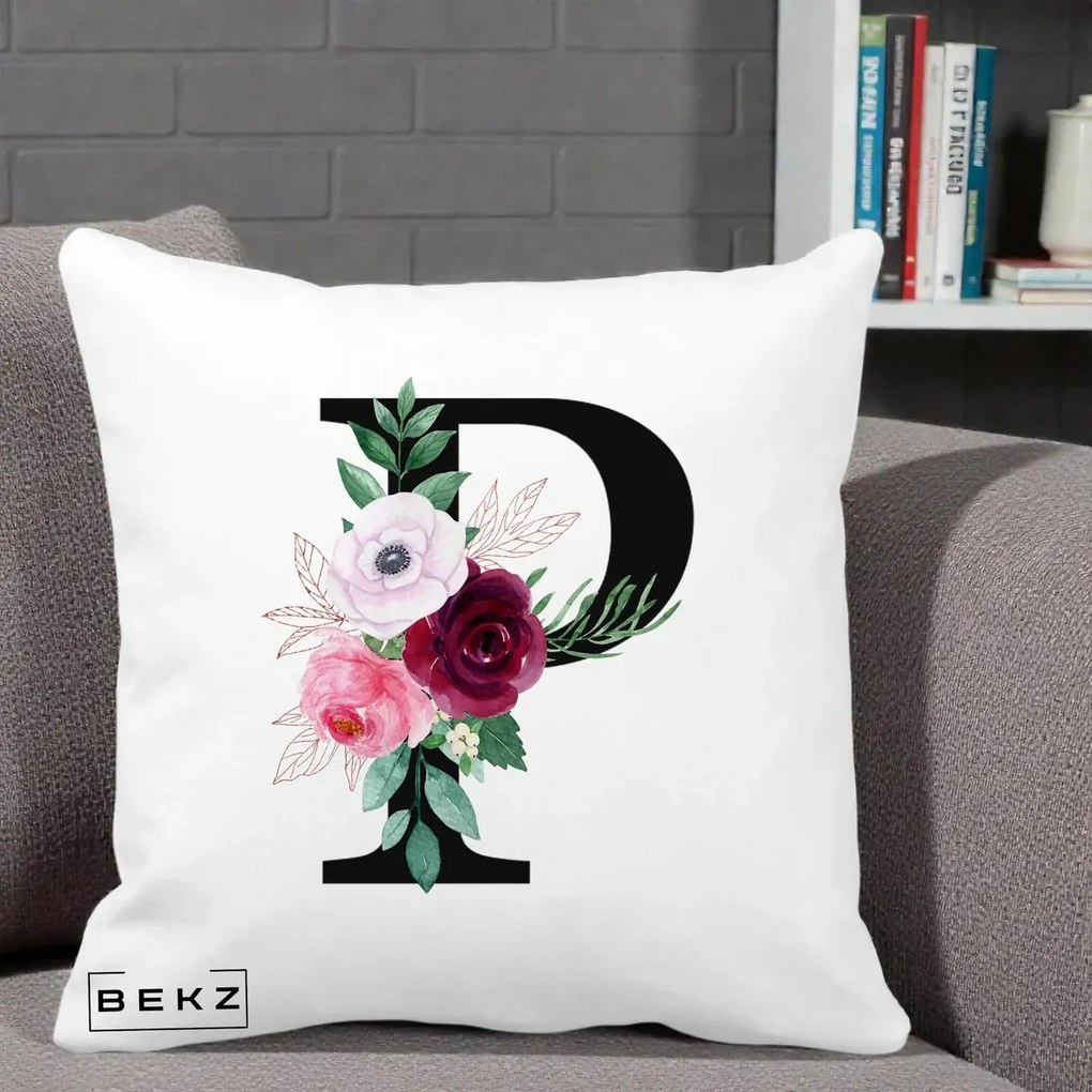 Cadou Personalizat - Perna Personalizata Monograma Florala Litera P, 40x40 cm, Alba Mata, Husa Detasabila, Perna Inclusa, BEKZ®