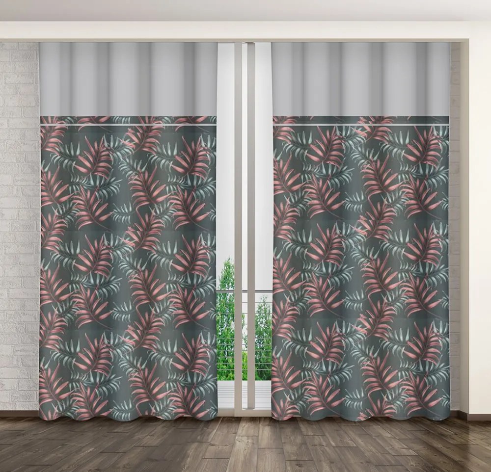 Draperie la modă, în două tonuri gri-verde, cu motiv de frunze Lungime: 250 cm