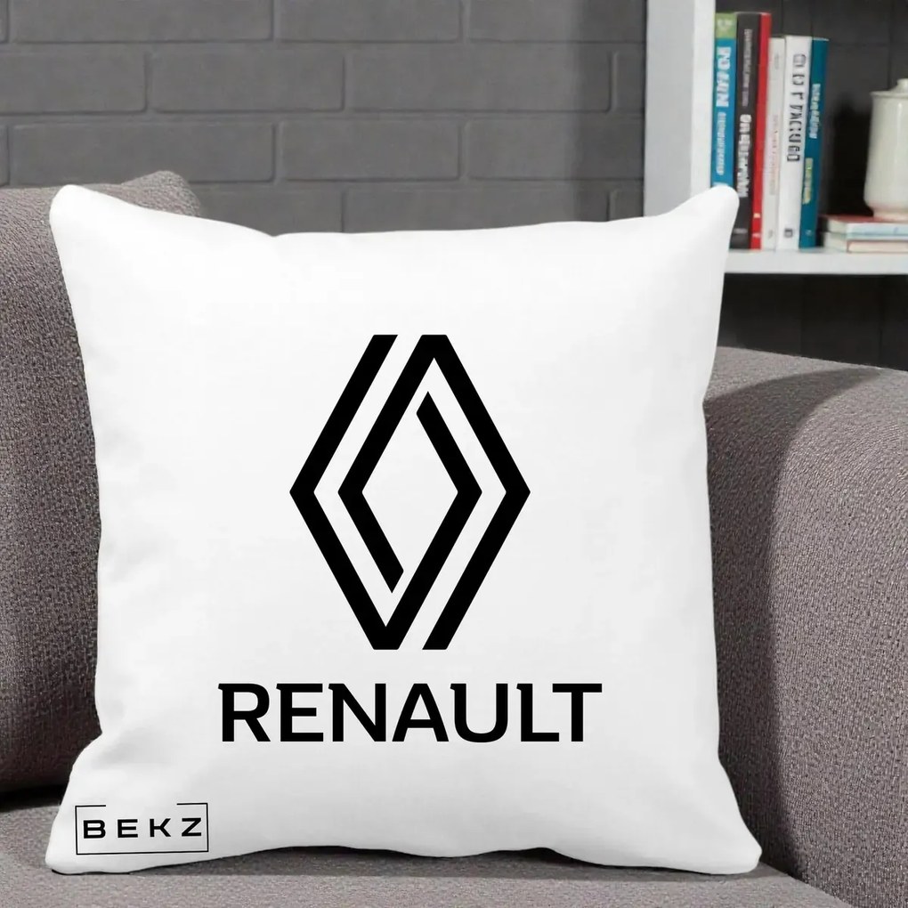 Perna Personalizata cu emblema Renault, 40x40 cm, Alba Mata, Husa Detasabila, Perna Inclusa, BEKZ®