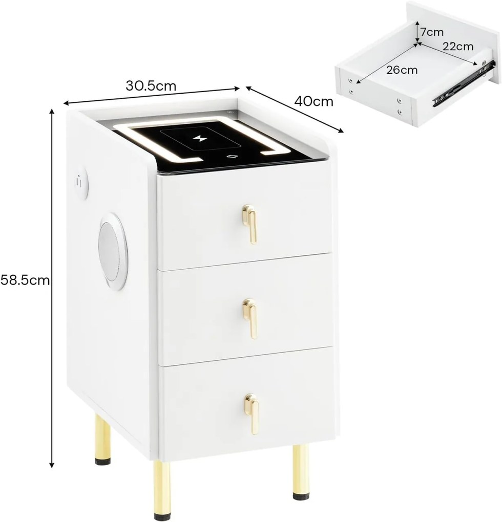 NOA1 - Set 2x Noptiere Smart, 30 cm, cu 3 sertare, LED, USB, Bluetooth, Incarcator Wireless, mobilier dormitor - Alb