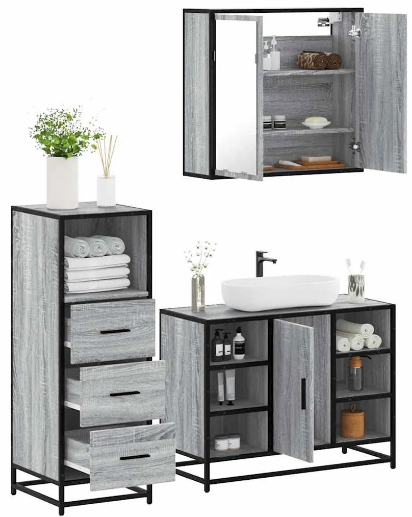 vidaXL Set mobilier de baie, 3 piese, gri sonoma, lemn prelucrat