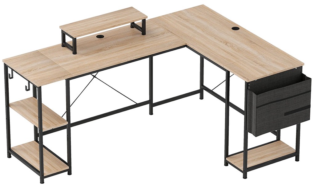 HOMCOM Birou de colț modular reversibil 168-240 cm stil industrial, raft reglabil, sac de depozitare, suport pentru ecran | Aosom Romania