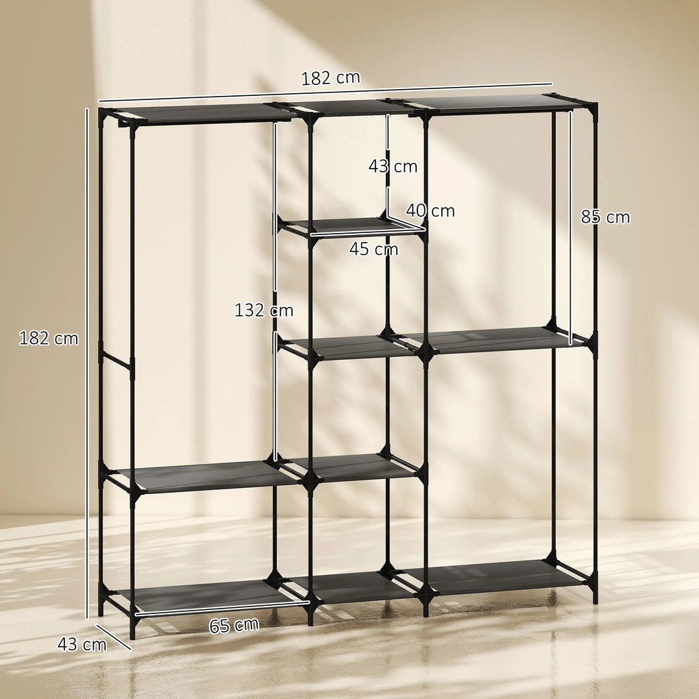 HOMCOM Dulap Textil Compact cu 3 Bare pentru Umerașe, 5 Rafturi și Structură din Oțel, 182 x 43 x 182 Cm, Negru | Aosom Romania