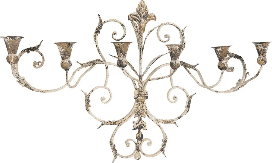 Sfesnic de perete, 6 lumanari, bej, din metal, aspect vintage, 82x15x48 cm