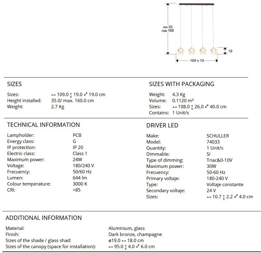 Lustra cu 4 pendule LED design decorativ Ingrid 4L champagne