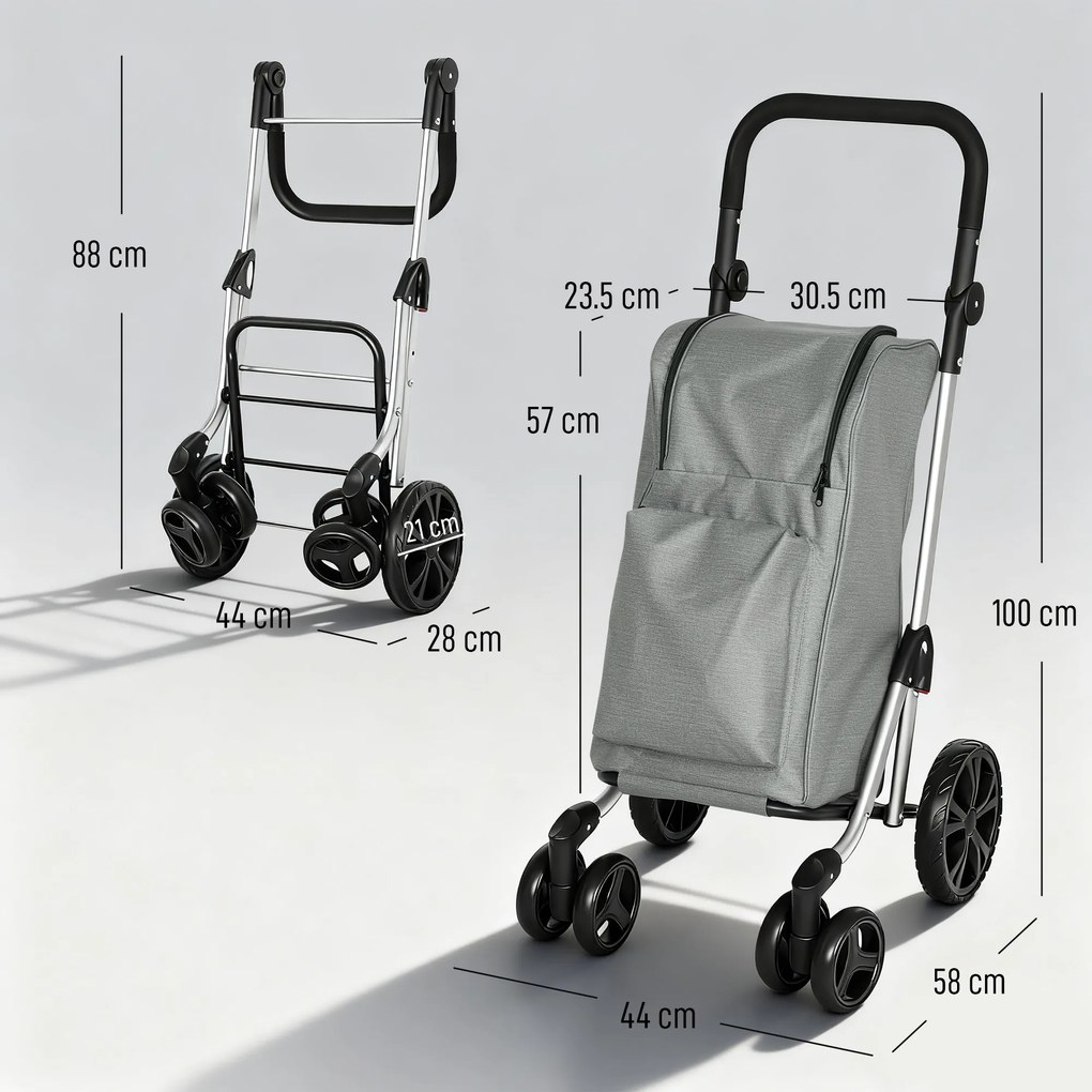 HOMCOM Cărucior de Cumpărături Pliabil din Aluminiu cu Roți, Geantă de 46L, Compartiment Frigorific, Mâner Reglabil, Gri | Aosom Romania
