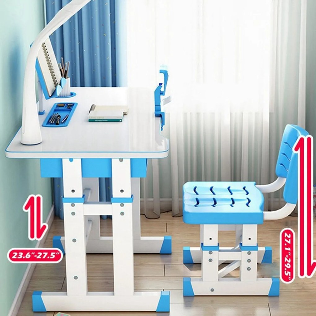 Birou copii din MDF cu lampa inclusa Novokids Premium desk, Dimensiuni 80X50X70, Cadru metalic, Albastru cu Alb