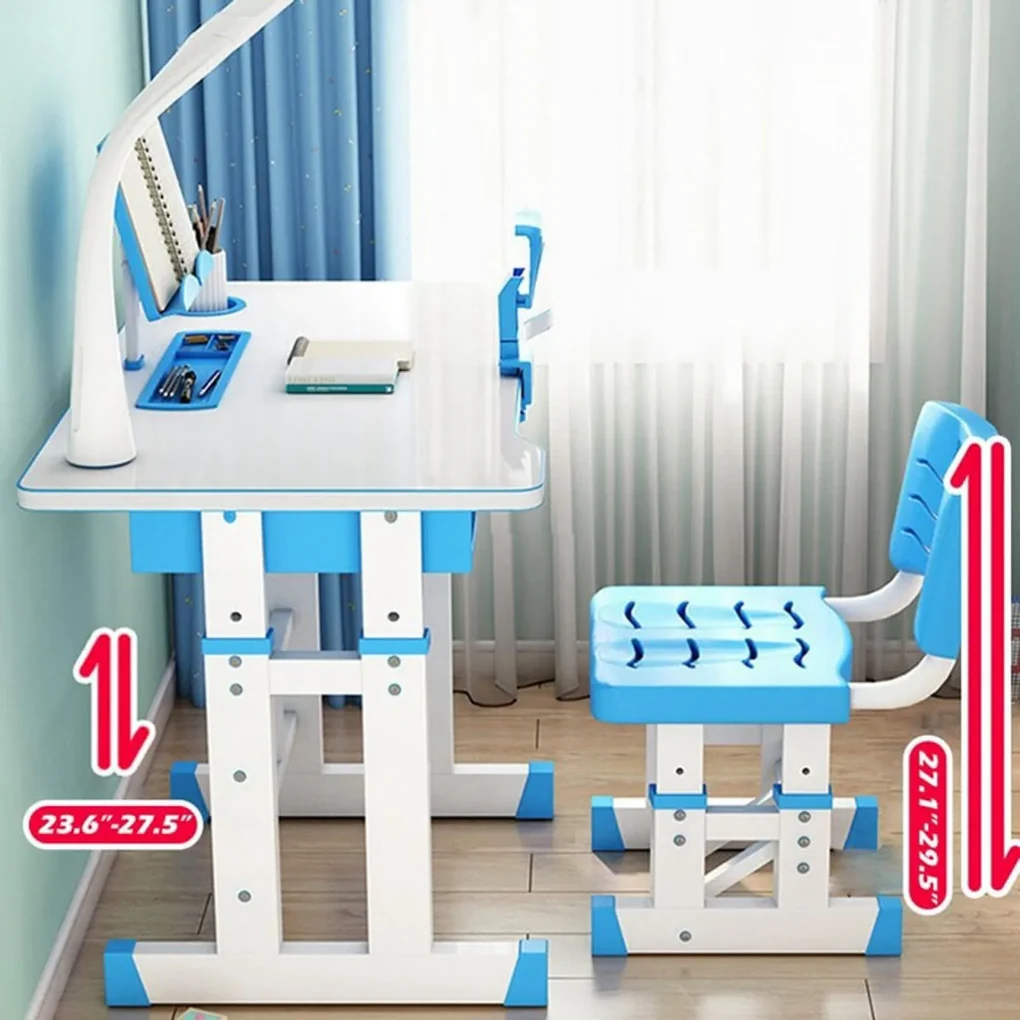 Birou copii din MDF cu lampa inclusa Novokids Premium desk, Dimensiuni 80X50X70, Cadru metalic, Albastru cu Alb