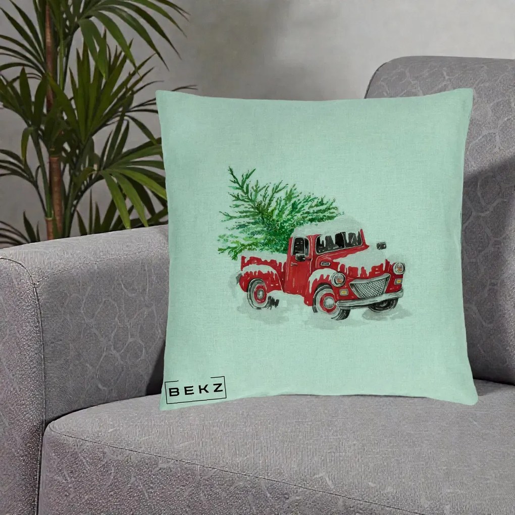 Perna Decorativa Camioneta Rosie Brad de Craciun, 40x40 cm, Verde Menta, Husa Detasabila, Perna Inclusa, BEKZ®