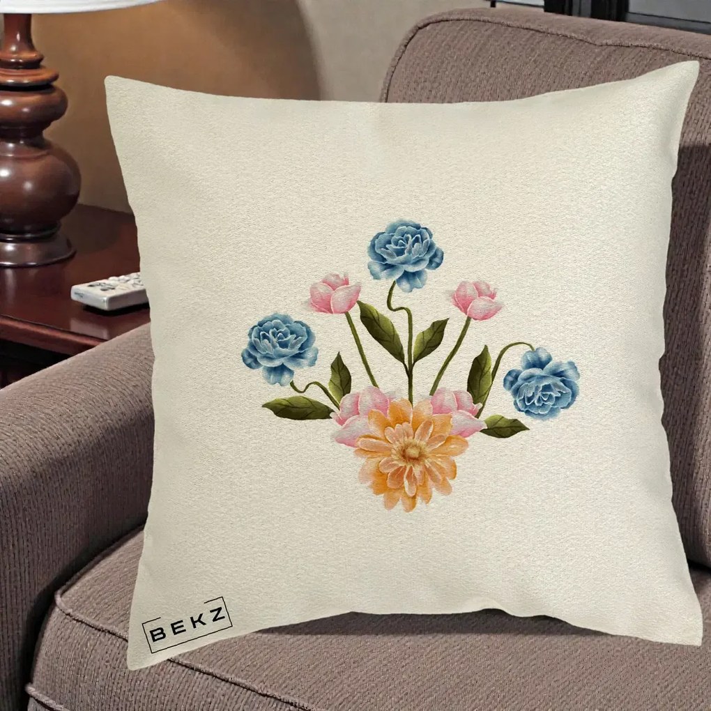 Perna Decorativa Buchet Primavara Acuarela, 40x40 cm, Ecru, Husa Detasabila, Perna Inclusa, BEKZ®