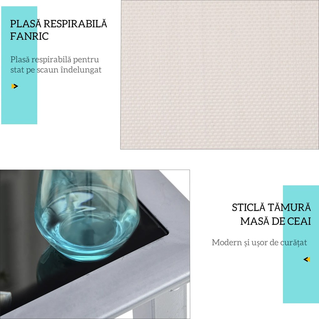 Outsunny Set de 2 Șezlonguri și Măsuță cu Blat din Sticlă, 59x169x66 cm, Crem | Aosom Romania