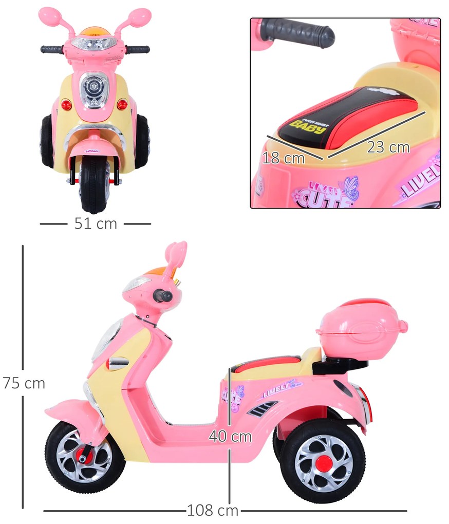 HOMCOM motocicleta electrica copii, tricicleta electrică roz, cu lumini, 6V | Aosom Romania