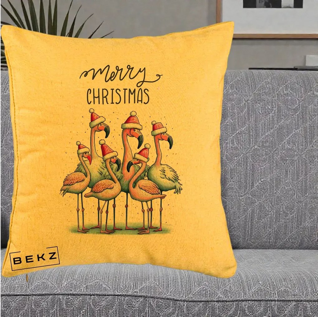 Perna Decorativa Flamingo Merry Christmas, 40x40 cm, Galben, Husa Detasabila, Perna Inclusa, BEKZ®