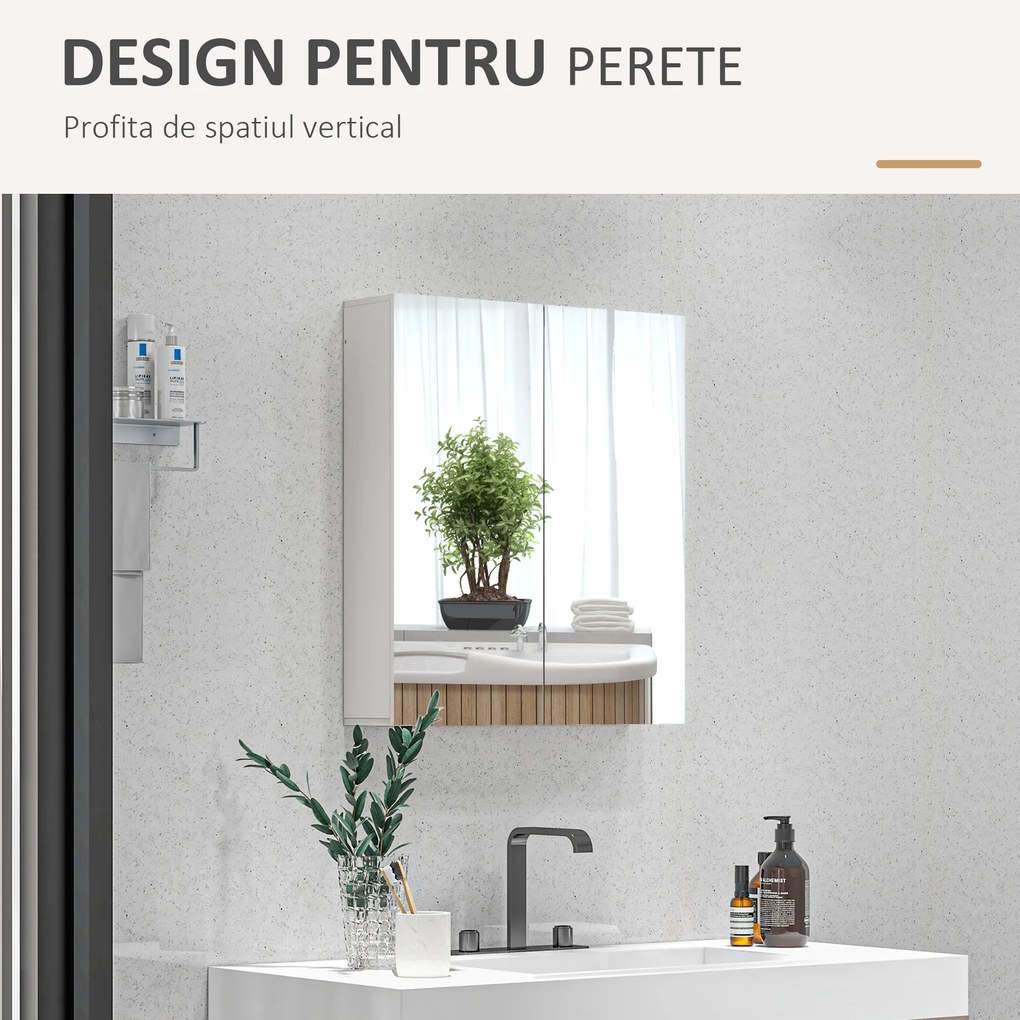 kleankin Dulap de Baie cu Oglindă, 2 Uși Soft Close, 60x15x60 cm, Rafturi Ajustabile, Dulap Suspendat cu Economisire de Spațiu, Alb Lucios | Aosom Romania