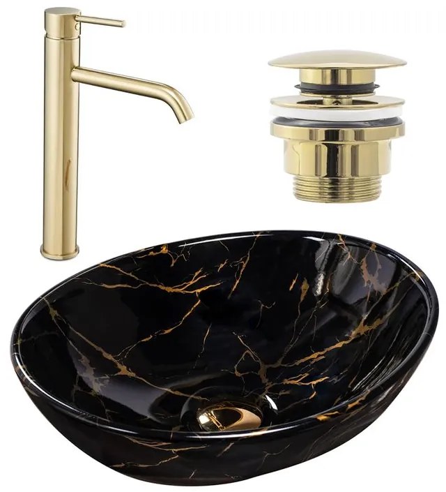 Set lavoar Sofia marble negru + baterie inalta Lungo auriu + dop universal auriu