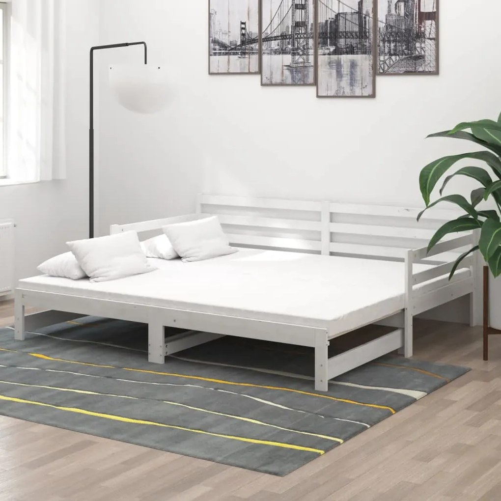 3083660 vidaXL Pat extensibil de zi, 2x(90x200) cm, alb, lemn masiv de pin
