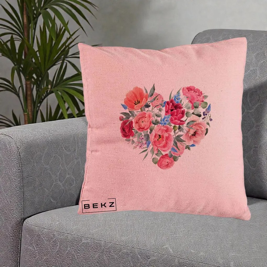 Perna Decorativa Inima din Bujori Acuarela, 40x40 cm, Roz, Husa Detasabila, Perna Inclusa, BEKZ®