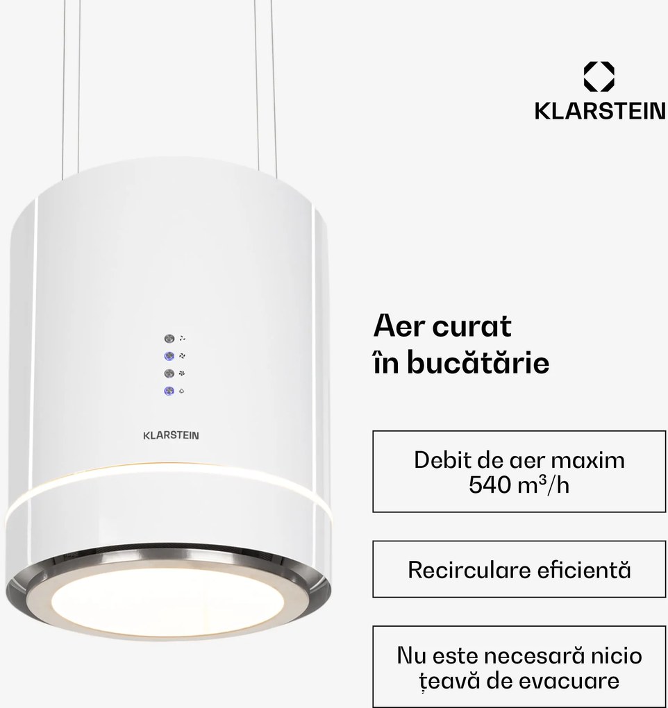 Klarstein Tron Ambience, hotă de tavan, Ø 38 cm, recirculare 540 m³ / h, LED, alb