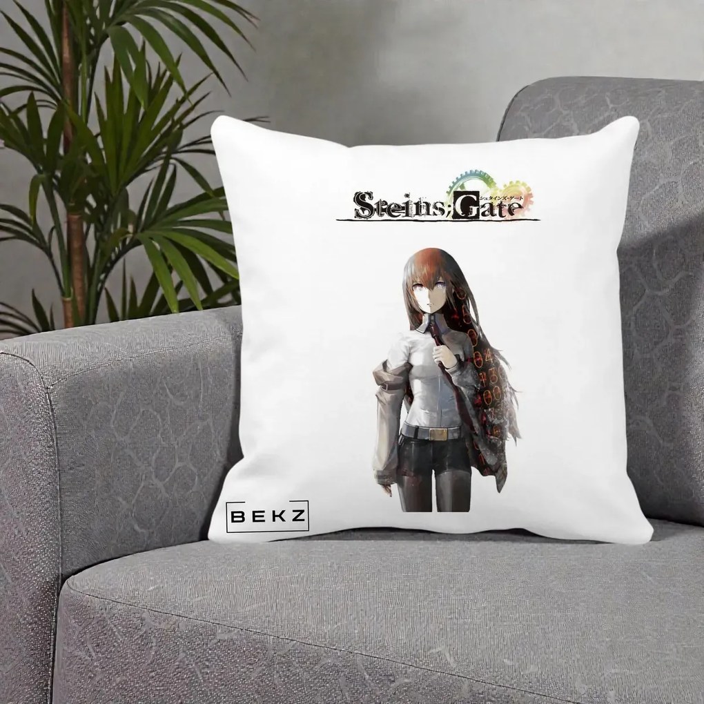 Perna personalizata Steins Gate Kurisu Makise Anime, 40x40 cm cu Umplutura, Alb Mat, BEKZ