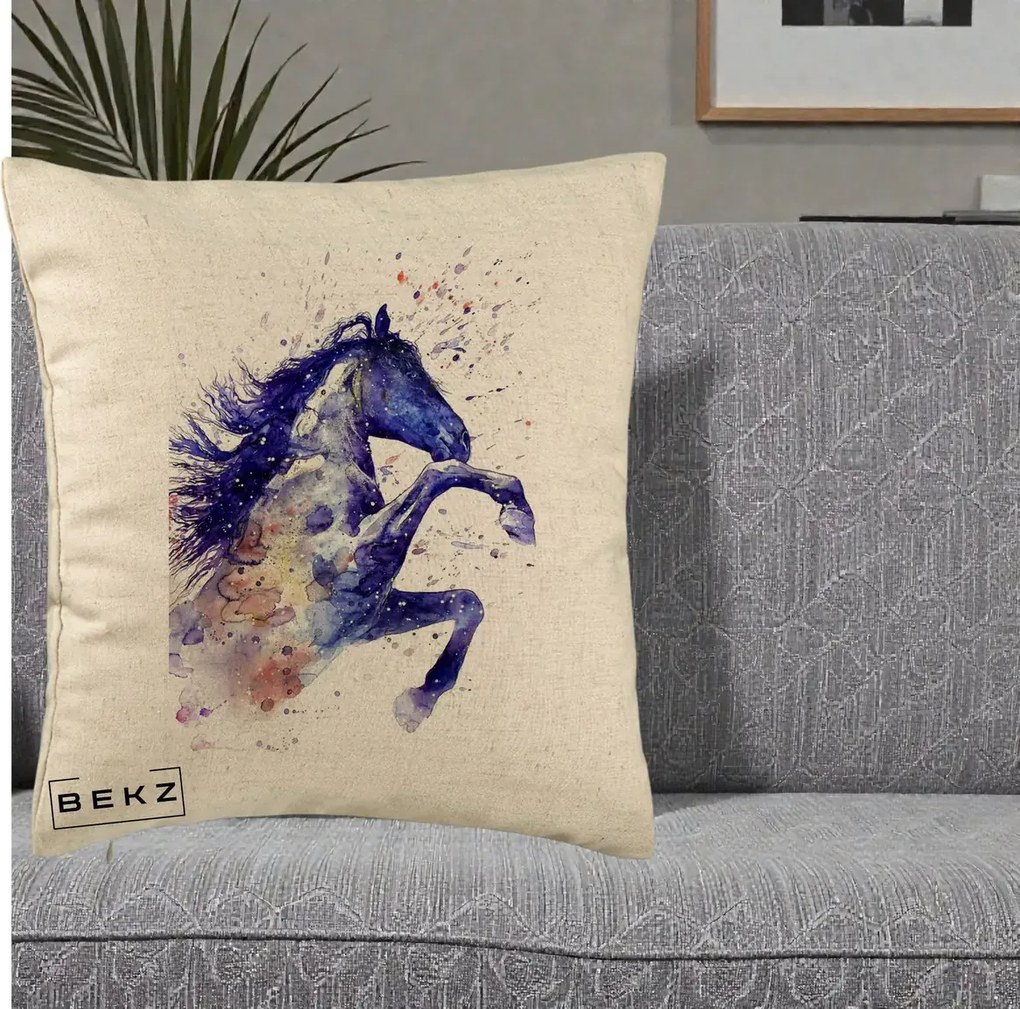 Perna Decorativa Cal Albastru Acuarela, 40x40 cm, Bej, Husa Detasabila, Perna Inclusa, BEKZ®