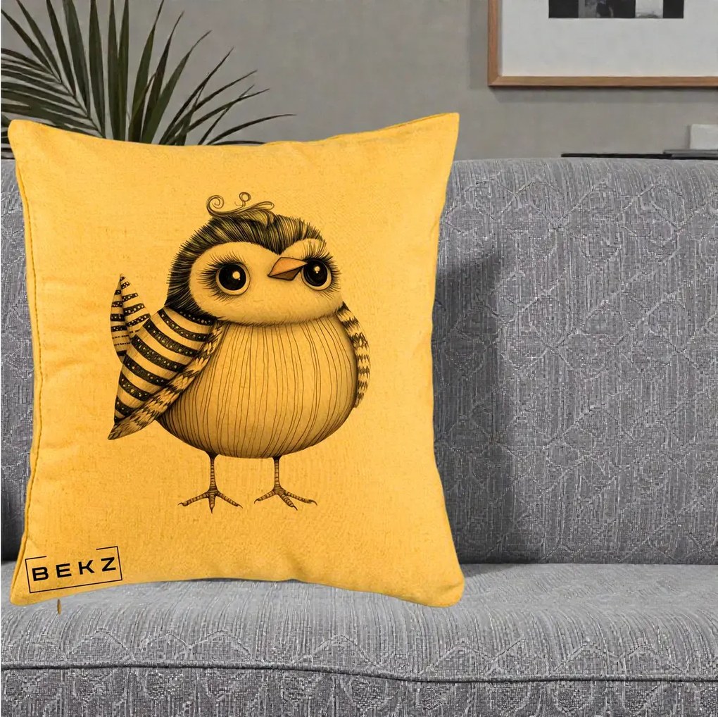 Perna Decorativa Pui Elegant Alb-Negru, 40x40 cm, Galben, Husa Detasabila, Perna Inclusa, BEKZ®