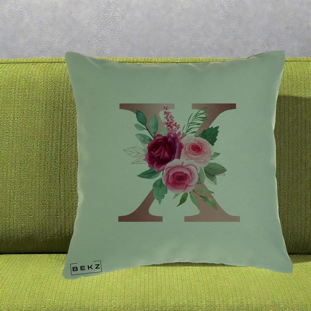 Cadou Personalizat - Perna Personalizata Monograma Rose Gold Litera X, 40x40 cm, Verde, Husa Detasabila, Perna Inclusa, BEKZ®