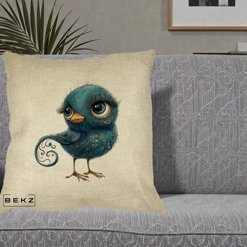 Perna Decorativa Pasare Teal cu Motive Aurii si Coada Spiralata, 40x40 cm, Crem, Husa Detasabila, Perna Inclusa, BEKZ®