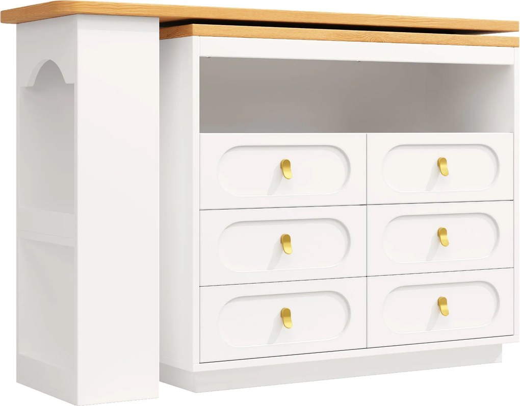 Masă de bar extensibilă cu rotire 360°, 6 sertare și raft lateral pentru gustări, 137-203x39x90 cm, Alb