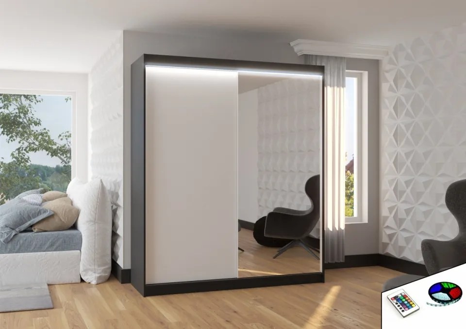 Dulap cu usi glisante si oglinda + iluminare LED, Viki 180 + LED, 180 cmx200 cmx58 cm, ADRK Furniture (Culoare: Ciocolata)