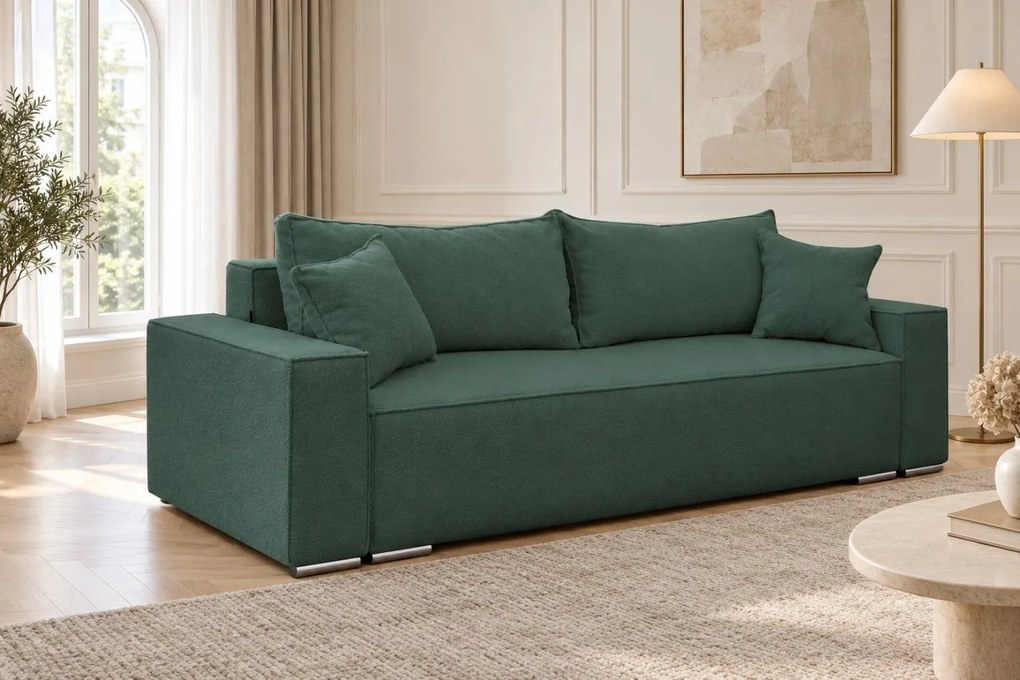 Canapea extensibilă Perla din boucle, verde marin, cu ladă de depozitare