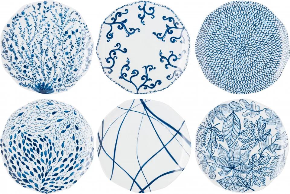 Set de 5 farfurii plate, albe/albastre, 27 cm