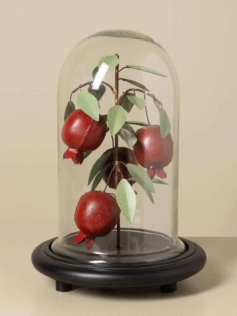 Cupolă decorativă din sticlă, pom din metal cu rodii și frunze pictate, bordo și verde, bază din lemn de mango, finisaj mat, 32 x 23 cm, „Grenadine”