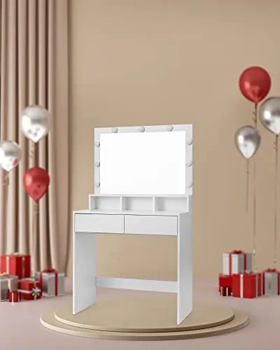 Masă de toaletă VANESA cu oglindă mare și iluminare, 80x40x140cm, albă SongmicsHome