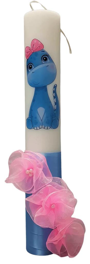 Lumanare botez decorata Dino albastra 7 cm, 35 cm