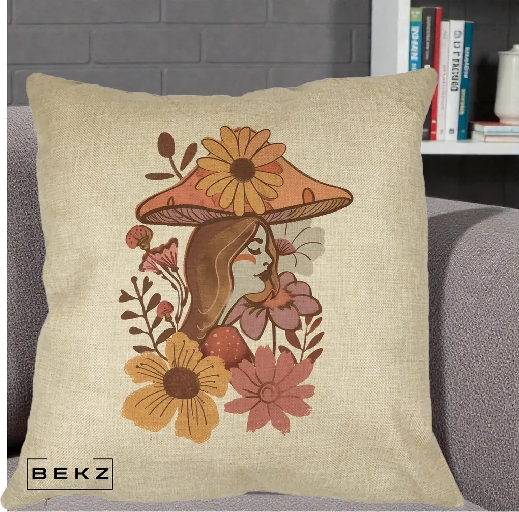 Perna Decorativa Fata Ciuperca Florala Boho, 40x40 cm, Crem, Husa Detasabila, Perna Inclusa, BEKZ®
