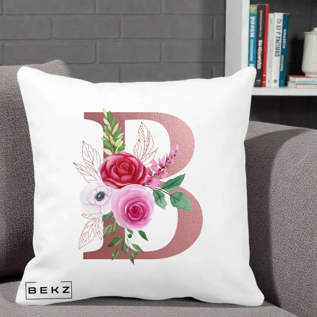 Cadou Personalizat - Perna Personalizata Monograma Rose Gold Litera B, 40x40 cm, Alba Mata, Husa Detasabila, Perna Inclusa, BEKZ®
