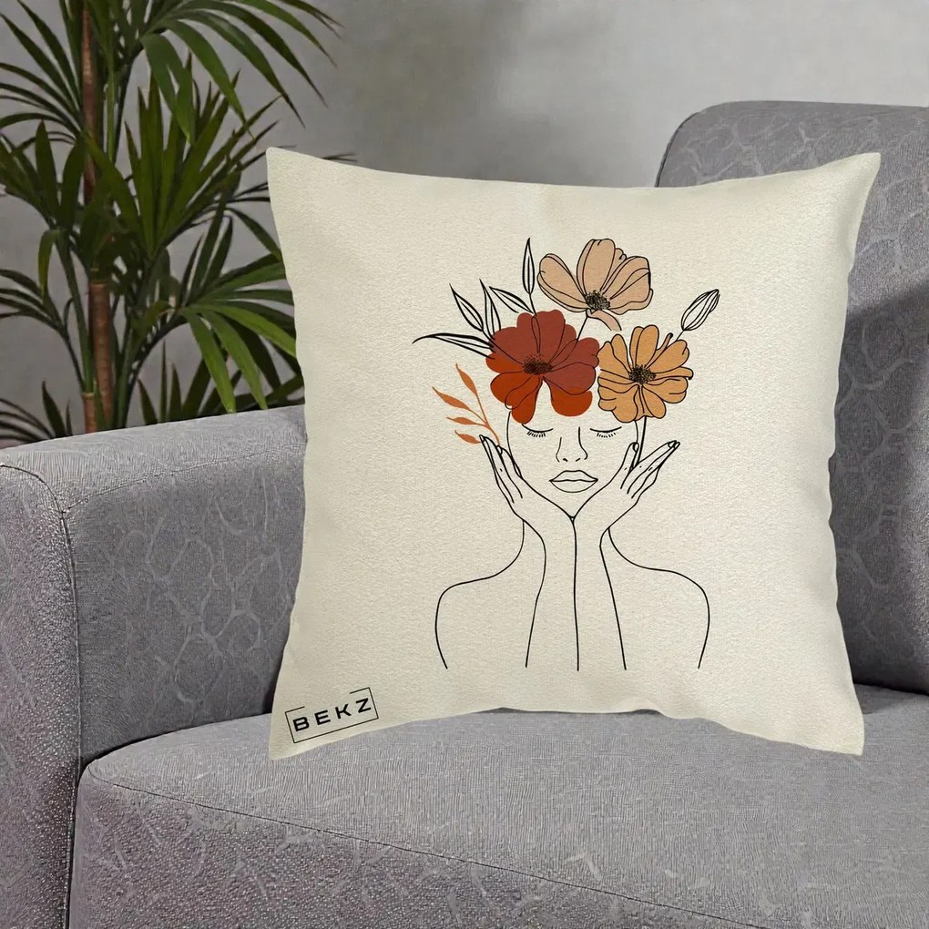 Perna Decorativa Portret Feminin Coroana Trei Flori, 40x40 cm, Ecru, Husa Detasabila, Perna Inclusa, BEKZ®