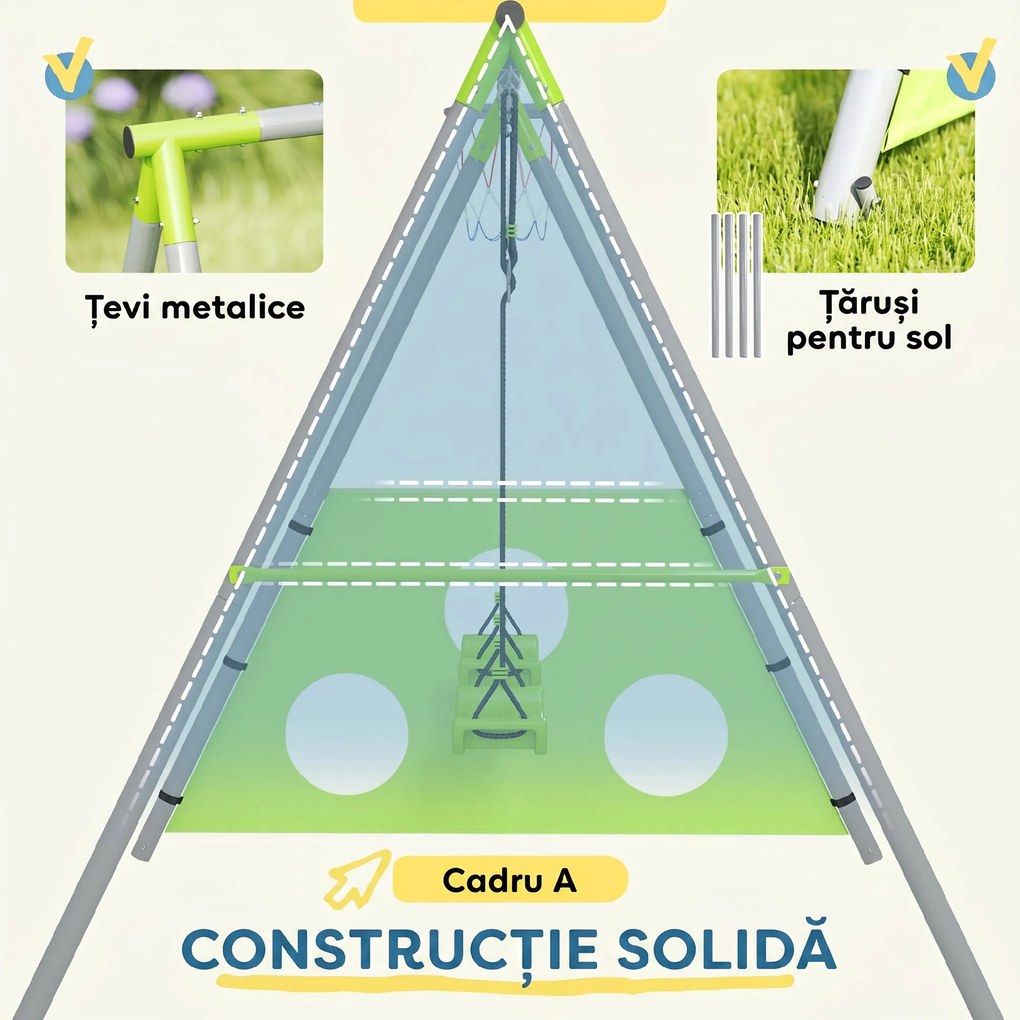 AIYAPLAY Leagăn de Grădină 3 în 1 pentru Copii 3-8 Ani cu Coș de Baschet și Poartă de Fotbal, 238x180x182 cm, Verde | Aosom Romania