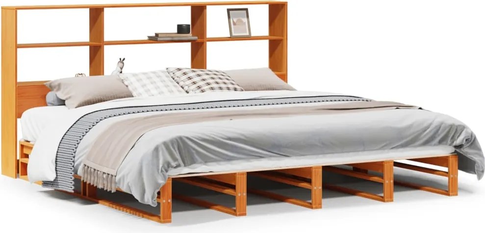 vidaXL Pat cu bibliotecă fără saltea maro ceruit 200x200 cm lemn masiv