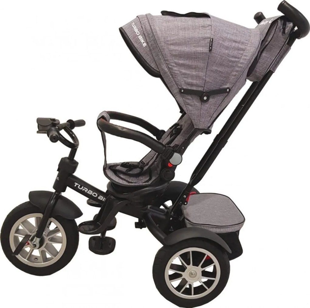 Tricicleta cu copertina Baby Care™ Turbo Bike , Cu far luminos, Roti din cauciuc, Pozitie somn, Pedale si maner pentru parinti, Scaun reversibil cu