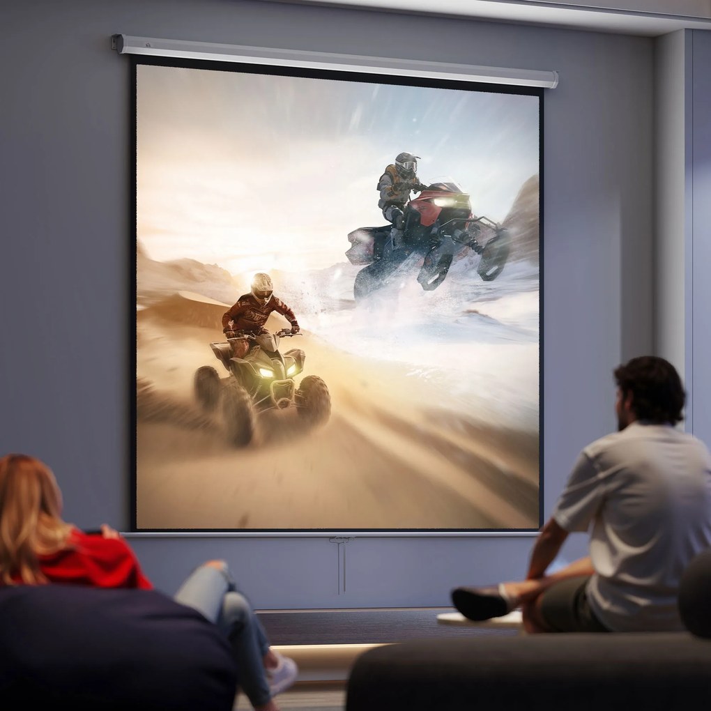 HOMCOM Ecran de Proiecție 120 Inch Format 1:1, Ecran Rulabil cu Unghi de 160° și Montare pe Tavan sau Perete, 223x8x223 cm, Alb | Aosom Romania