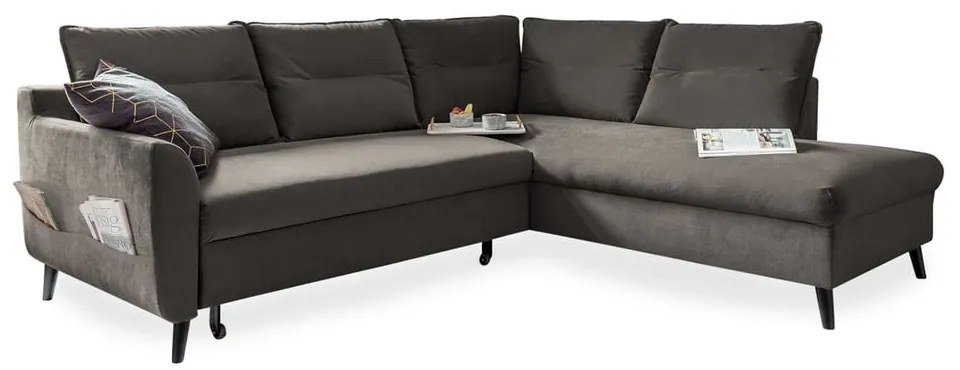 Colțar extensibil din catifea cu șezlong pe partea dreaptă Miuform Stylish Stan L, gri închis