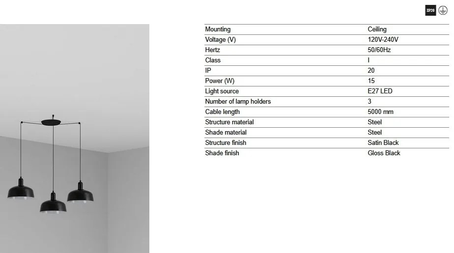 Lustra cu 3 pendule metal TATAWIN M negru