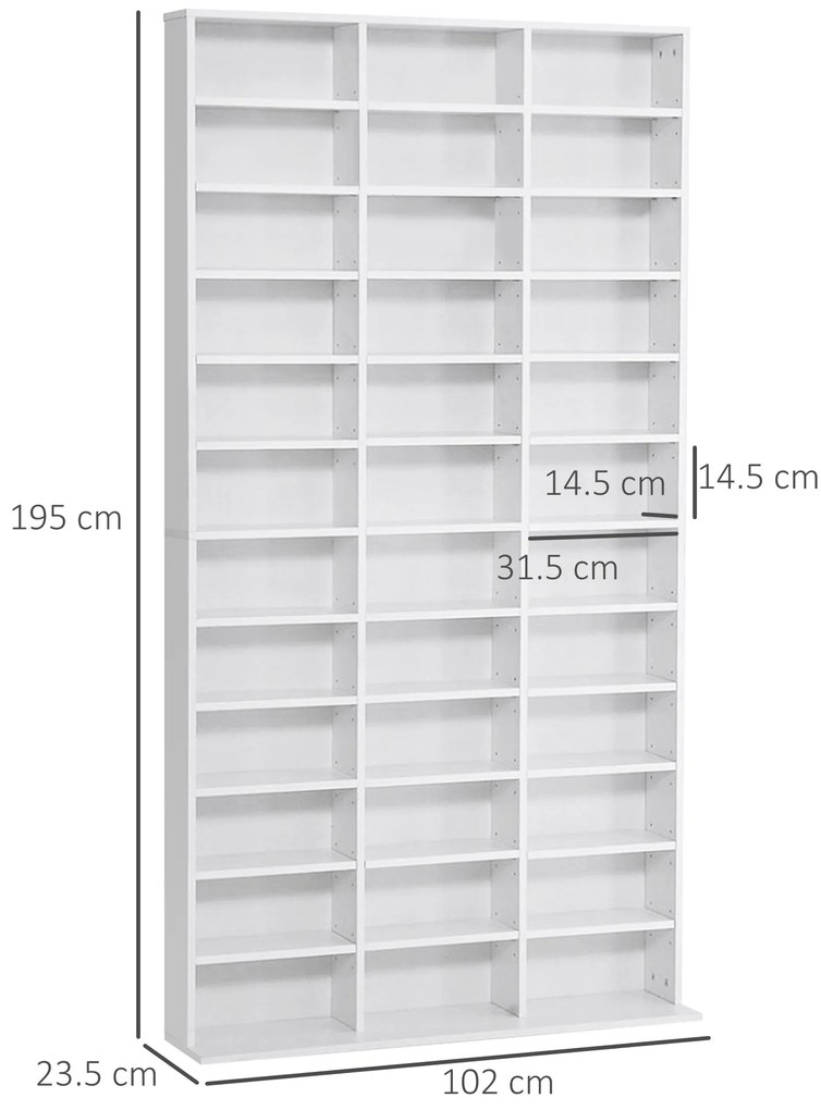 HOMCOM Bibliotecă CD de perete cu 24 de rafturi reglabile, 130,5x89x20 cm, alb | Aosom Romania