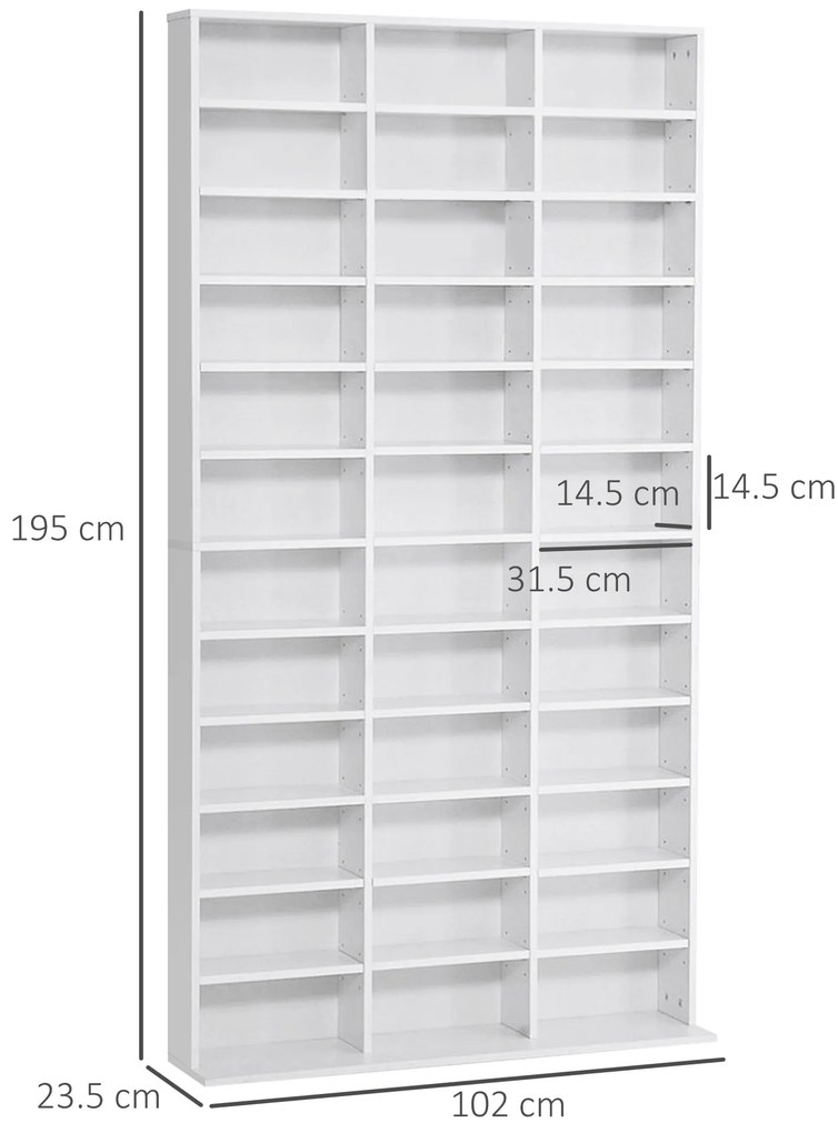 HOMCOM Bibliotecă CD de perete cu 36 de rafturi reglabile, 195 x 102 x 23.5cm, alb | Aosom Romania