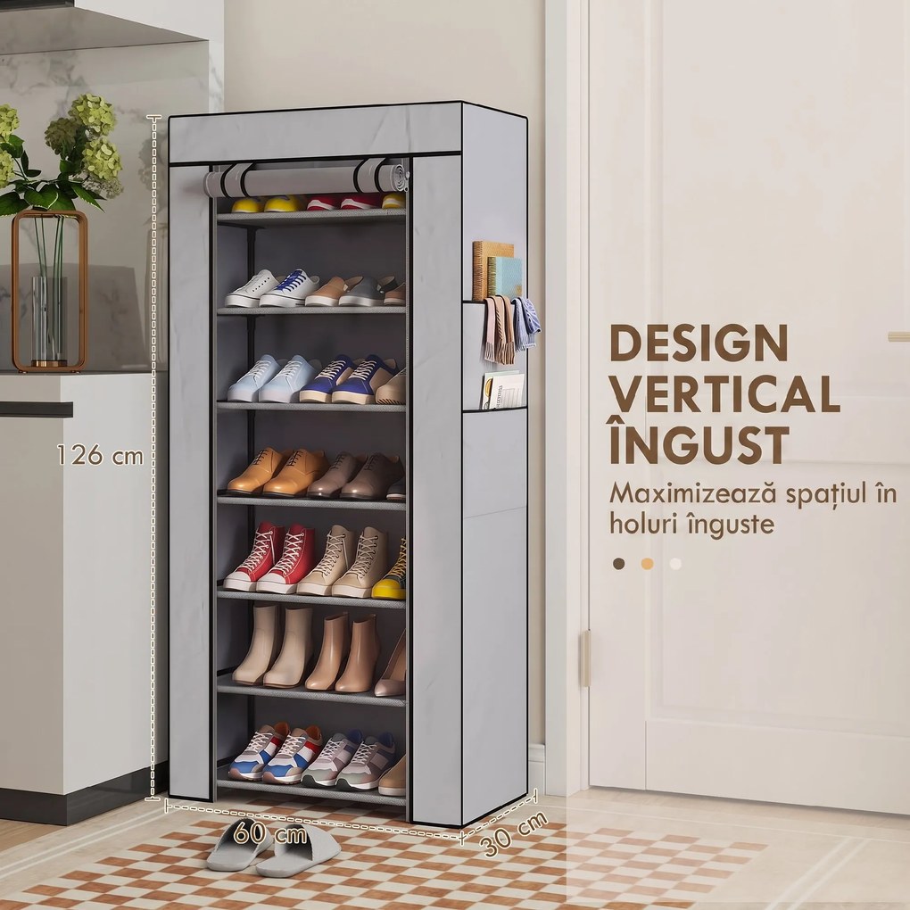 HOMCOM Pantofar cu 7 rafturi din oțel, cu husă din material nețesut, 60 x 30 x 126 cm, gri | Aosom Romania