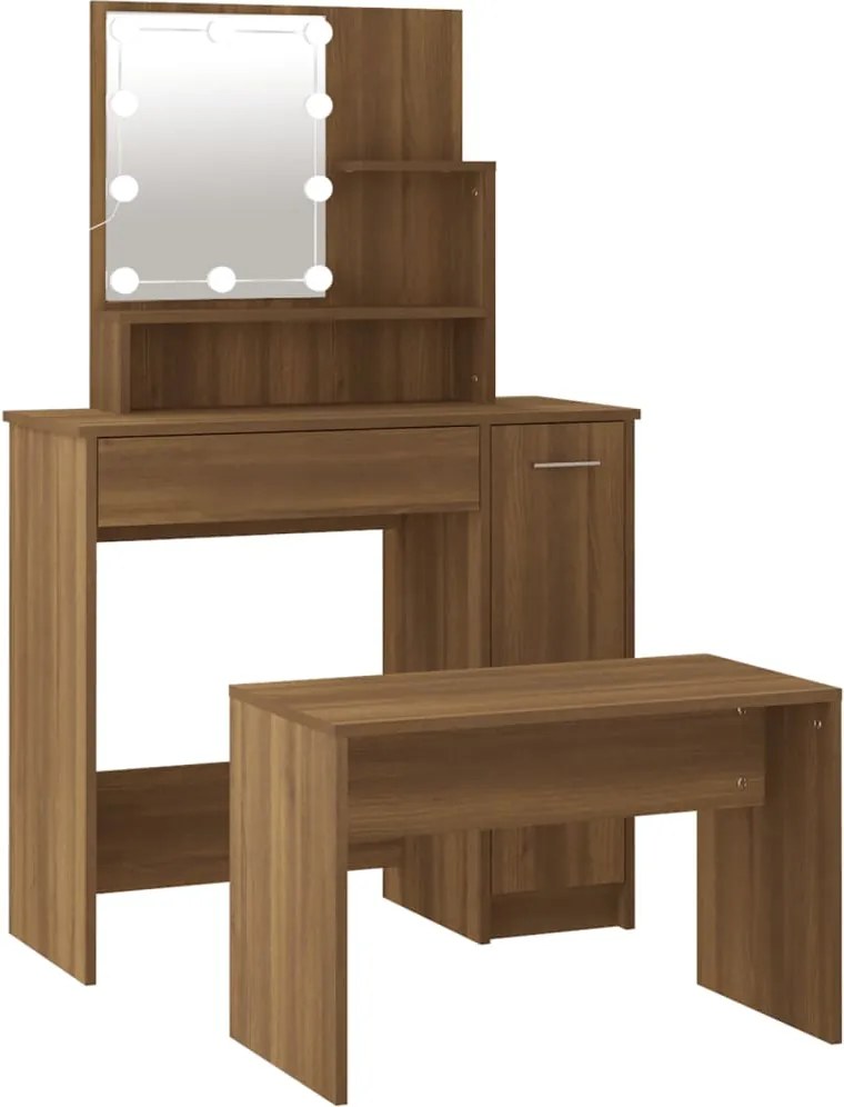 vidaXL Set de masă de toaletă cu LED, stejar maro, lemn prelucrat
