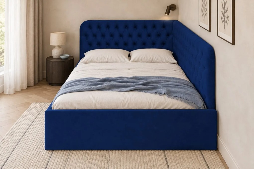 Pat tapițat pentru copii din catifea Elyra 140×200 cm, bleumarin, colț dreapta, cu ladă de depozitare