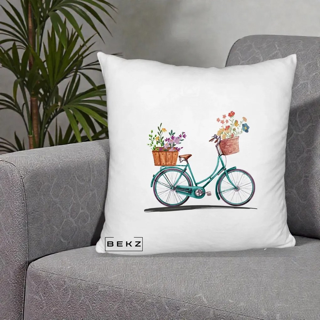 Perna Decorativa Bicicleta Florala Turcoaz Acuarela, 40x40 cm, Alb Pufos, Husa Detasabila, Perna Inclusa, BEKZ®